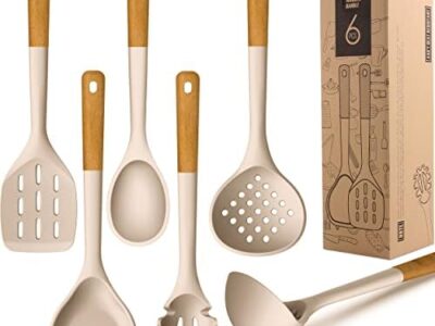 Silicone Cooking Utensils – Kitchen Utensil Set with Holder,Slotted/Solid Spoon,Turner,Spatula,Pasta Server,Deep Soup Ladle,Wooden Handles Kitchen Gadgets Tools Set,Non-Stick Cookware Friendly (Khaki)