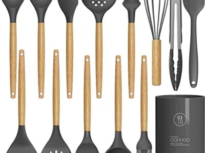14 Pcs Silicone Cooking Utensils Kitchen Utensil Set – 446°F Heat Resistant,Turner Tongs, Spatula, Spoon, Brush, Whisk, Wooden Handle Gray Kitchen Gadgets with Holder for Nonstick Cookware (BPA Free)
