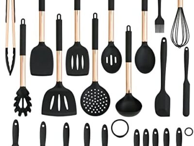 Domestic Living Co – Rose Gold Silicone Kitchen Utensils Set (23pcs) – Luxury Cookware Utensil Collection – Suitable for Non Stick Pots and Pans