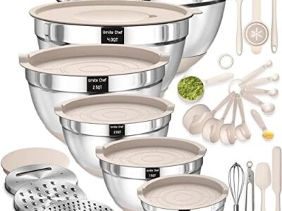 Mixing Bowls with Airtight Lids Set, 26PCS Stainless Steel Khaki Bowls with Grater Attachments, Non-Slip Bottoms & Kitchen Gadgets Set, Size 7, 4, 2.5, 2.0,1.5, 1QT, Great for Mixing & Serving