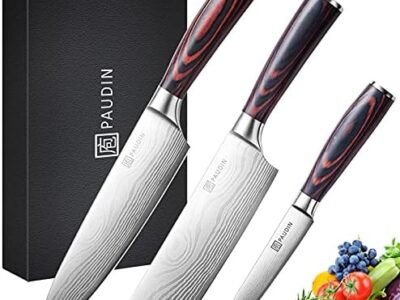 PAUDIN 3 Piece Kitchen Knife Set, German High Carbon Stainless Steel Chef Knife Set with Wooden Handle, Professional Kitchen Knives with Gift Box
