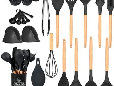 Kitchen Utensils Set,35Pcs Silicone Cooking Utensils Set with Holder,Wooden Handles Heat Resistant Silicone Kitchen Gadgets with Turner Tongs,Spatula, Spoon,Brush,Whisk Nonstick Cookware Kitchen Tools