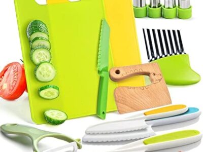 Kids Safe Knife Set -13 Pieces Montessori Kitchen Tools for Toddlers – Kids Cooking Sets, Toddler Knife for Real Cooking with Safe Knives/Crinkle Cutter/Kids Cutting Board/Peeler/Fruit Cutters Shapes