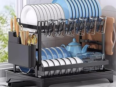 Dish Drying Rack, 2-Tier Drain Board Rack with Auto Drain & 360° Rotating Drainer, Dish Rack with Draining Board, Cup & Cutting Board Holder, Utensil Holder and Cutlery Rack for Kitchen Counter