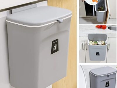 JMBF – Hanging Trash Can for Kitchen Cabinet Door with Lid,Garbage Can for Bathroom/Cupboard/Bedroom/Office -Wall Mounted Counter Waste Compost Bin-Mountable Indoor Compost Bucket | 2.4 Gallon-(Gray)